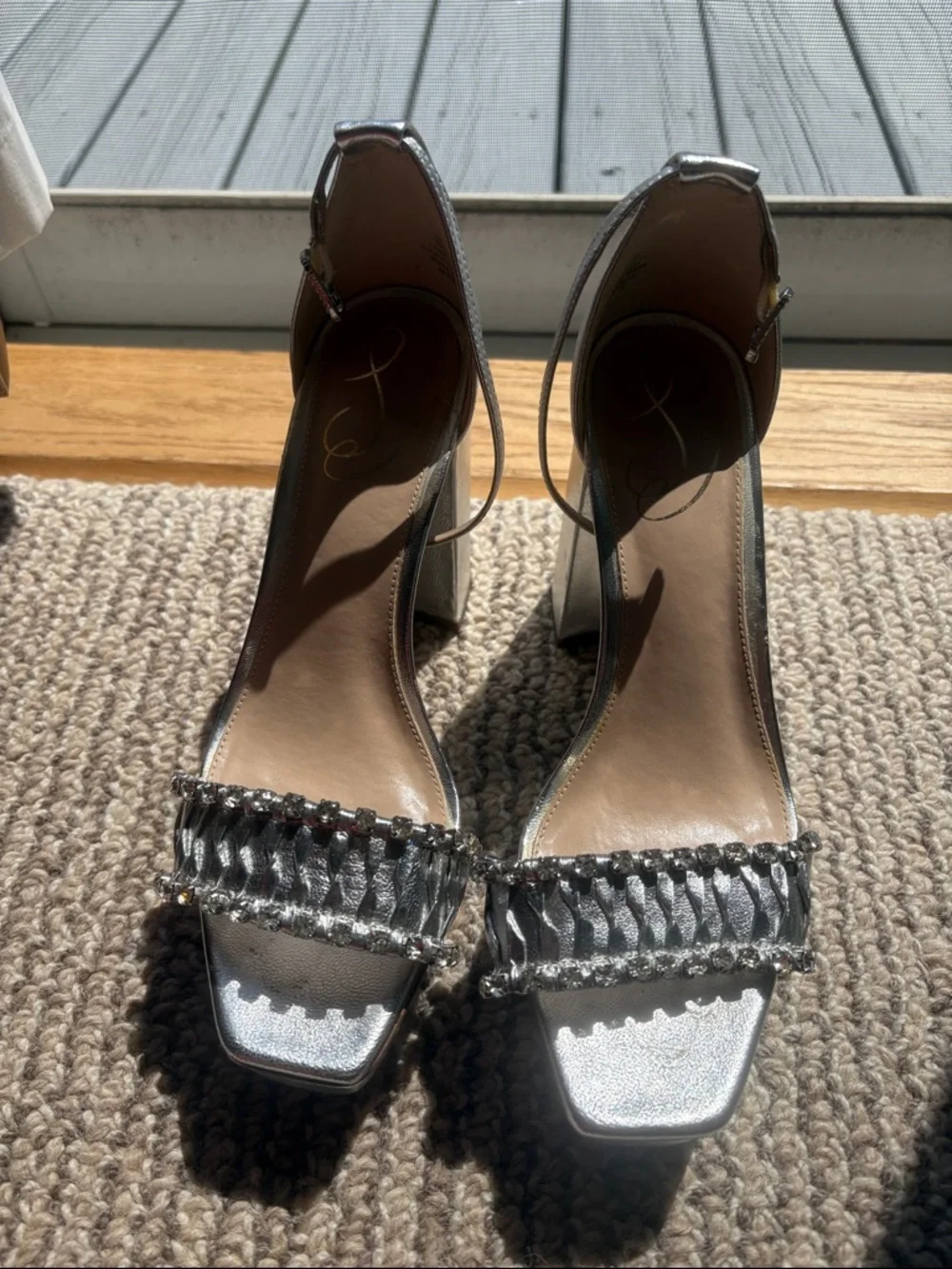 Jessica Simpson Silver Metallic Platform Block Heels with Ruffled Front Strap